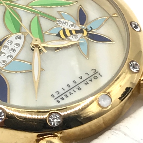 Joan Rivers Watch White Mother of Pearl Crystals Bees Floral Gold Plate Runs - Picture 5 of 13